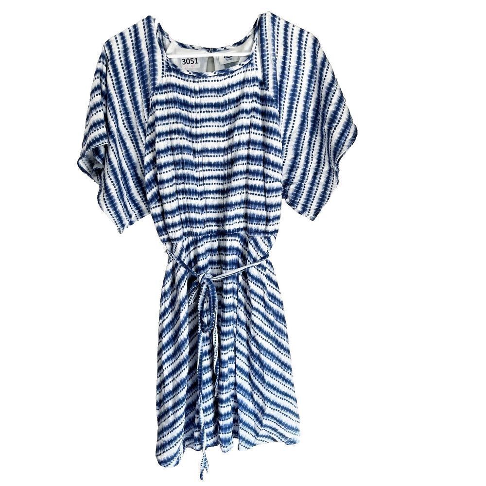 Old Navy Womens Blue White Fit & Flare Dress Large Kimono Keyhole Tie Waist